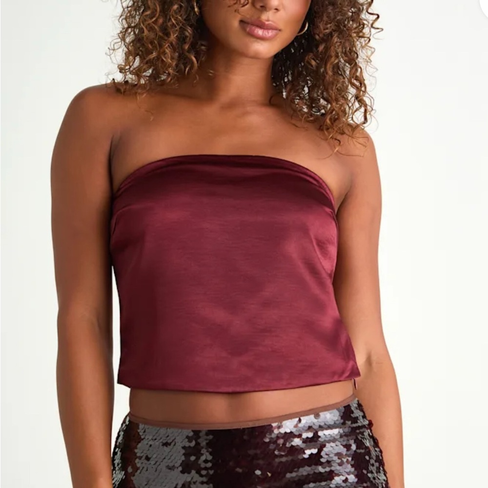 Lulus Devine Burgundy Satin Strapless Crop Top Red - Size L